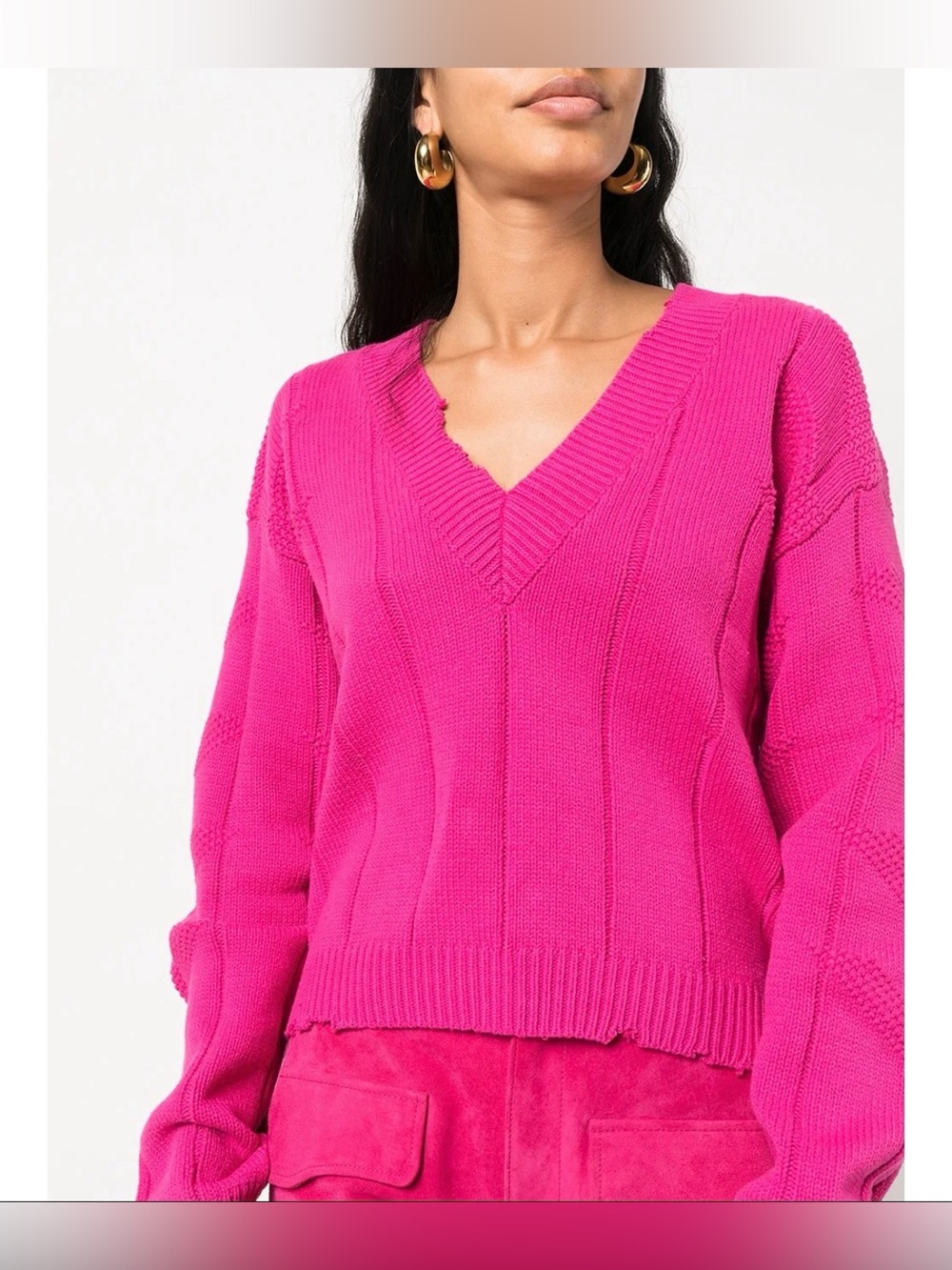 NEW RTA Alba Hot Pink V-Neck Distressed Knit Cotton Sweater XXS